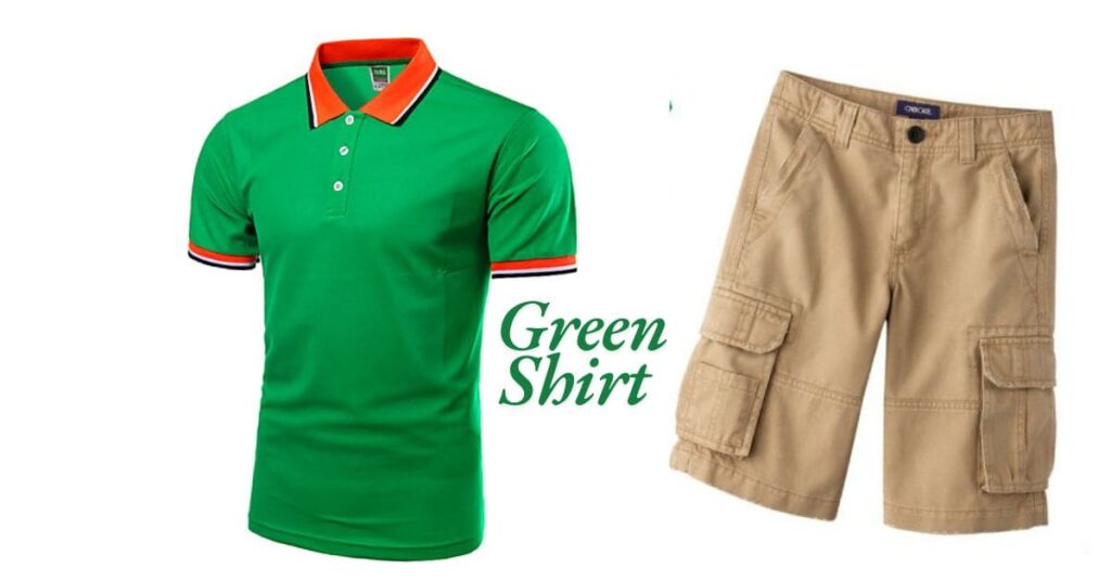 A green polo shirt paired with stylish shorts, showcasing a trendy summer outfit for casual occasions.
